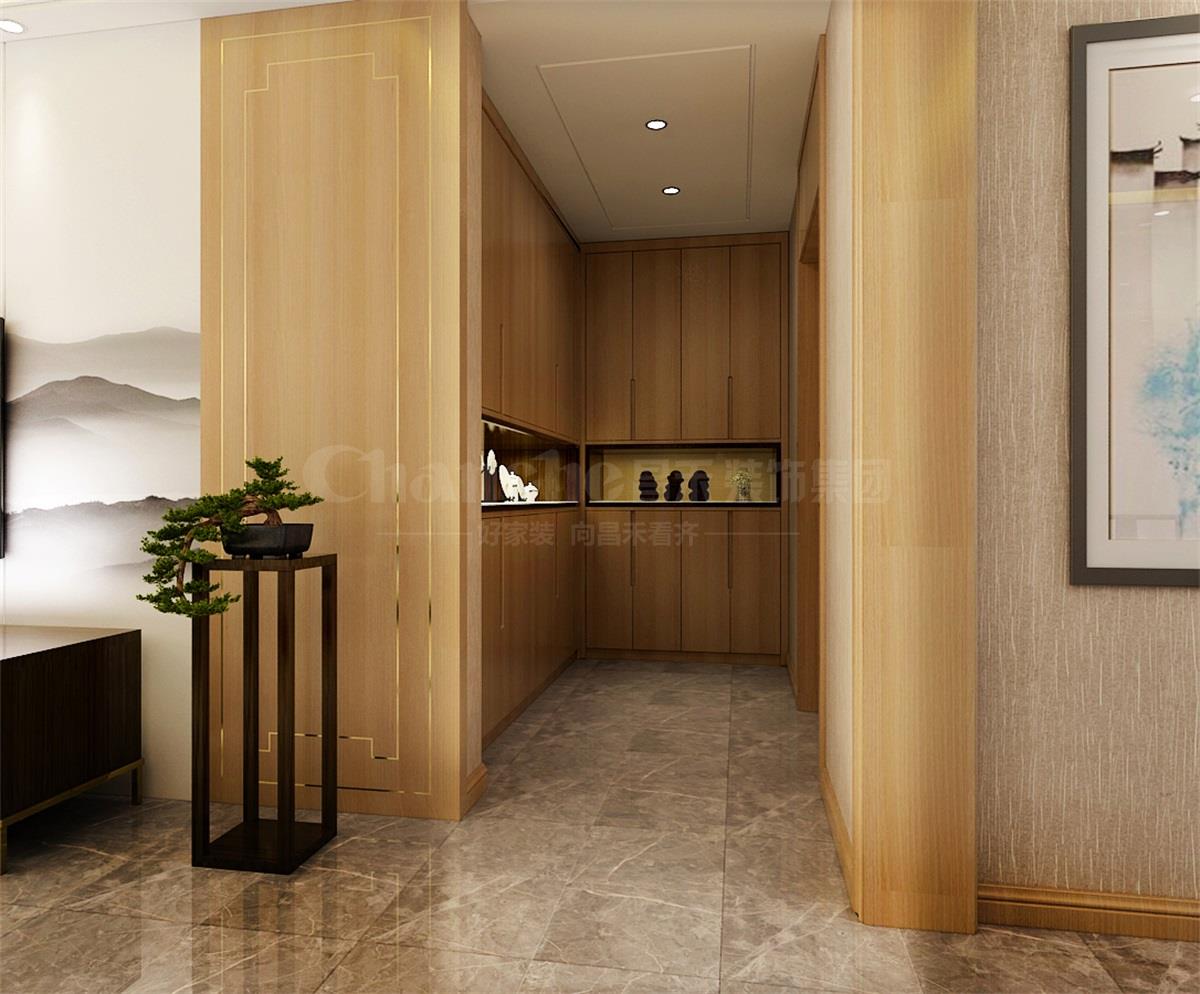 進(jìn)門處的鞋柜，既滿足了屋主的生活習(xí)慣，又體現(xiàn)出對(duì)自然人文古意的喜好之情。